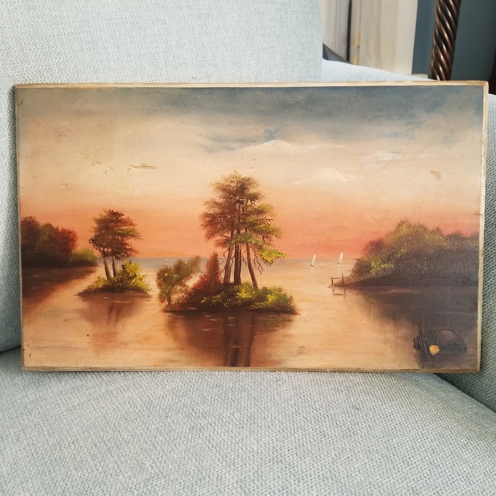 Vintage painting Lake Champlain on board Ethel Blanchard sunset scene